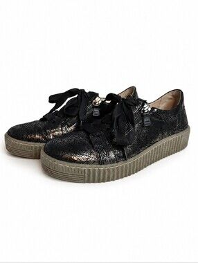 Gabor Metallic Crackle Leather Platform Sneakers Side Zip Black Size 7